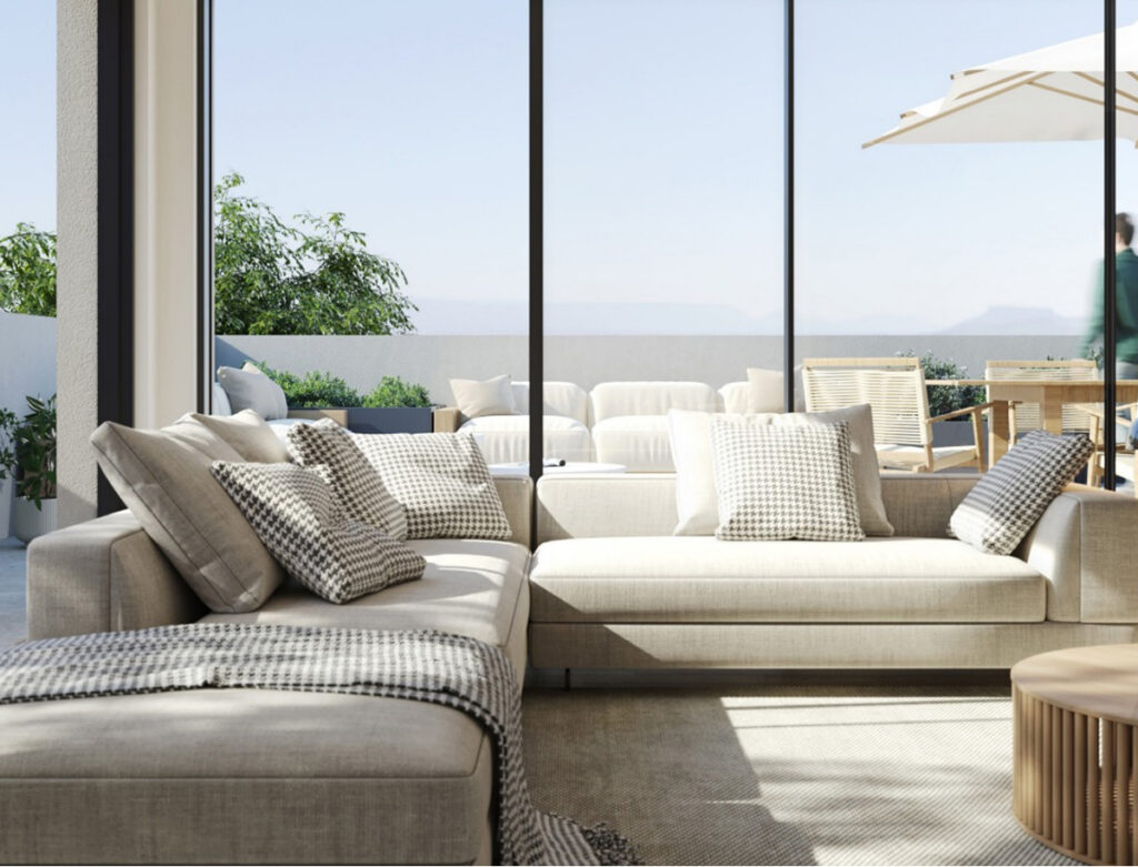 Living room with a panoramic view of an apartment in Portugal