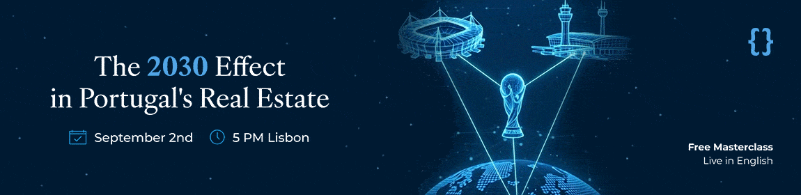 Banner for 'The 2030 Effect in Portugal's Real Estate' free masterclass on September 2nd, featuring glowing blue wireframe graphics of a stadium, airport, and World Cup trophy.