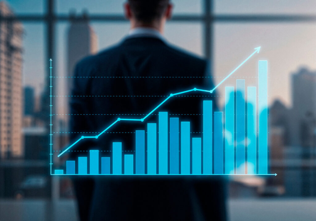 An investor in a suit looking at a rising financial growth bar chart overlaid on a city background, representing property value appreciation in Portugal.