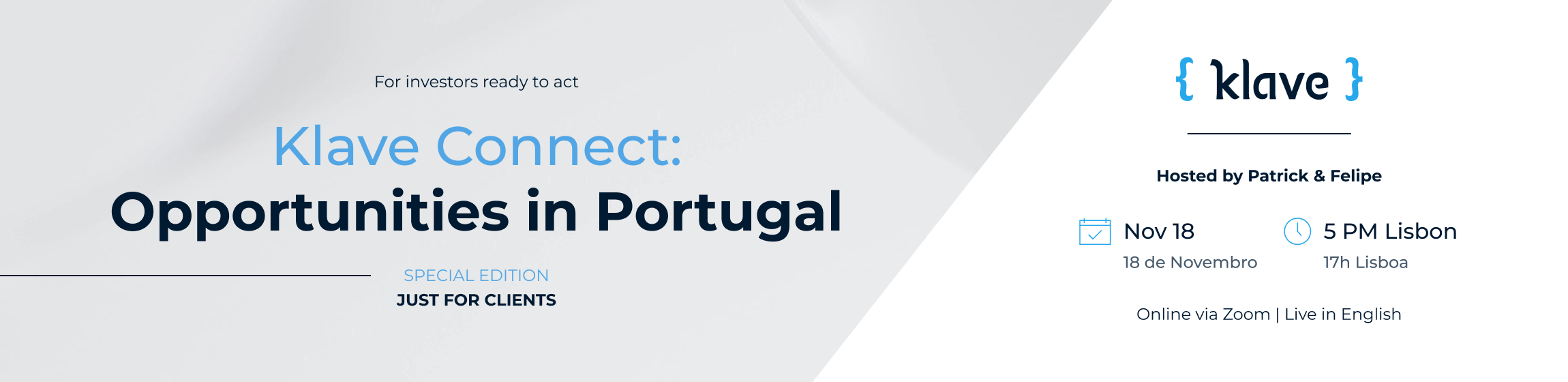Banner do evento online Klave Connect: Opportunities in Portugal sobre investimentos imobiliários